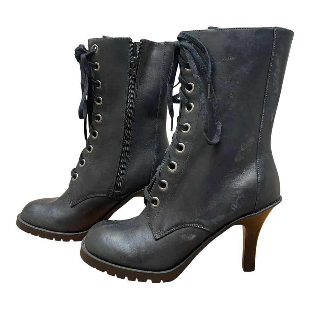 Chinese Laundry 3.5 Heeled Boots Oracle Leather Black Zip Mid Calf Combat Sz 7.5